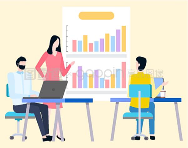 男女經紀人分析交易并討論商業圖表上的銷售統計數據。矢量卡通人物和圖表。